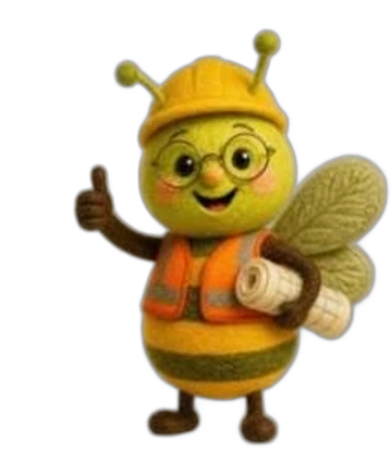 Beelance felt bee mascot with hard hat, safety vest and rolled-up plans