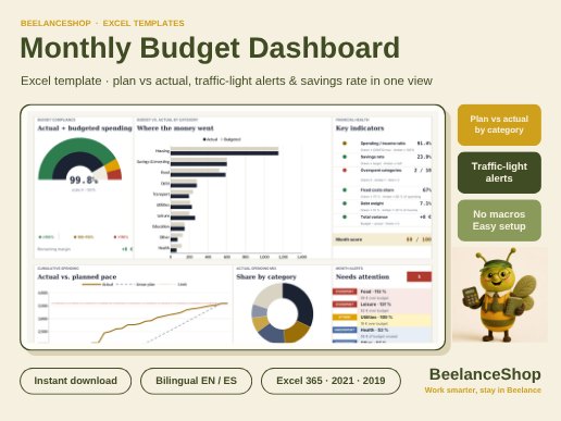 Monthly Budget Dashboard Excel template with plan vs actual and savings rate